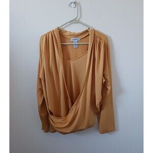 Jessica London Blouse Wrap Overlay Front Long Sleeve Deep Plunge Yellow 18